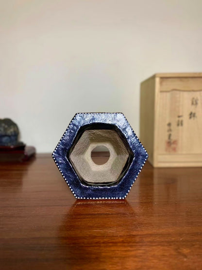 Hosshi Kakuei Gold-Enameled Hexagonal Thousand-Wave Bird Omoto Pot