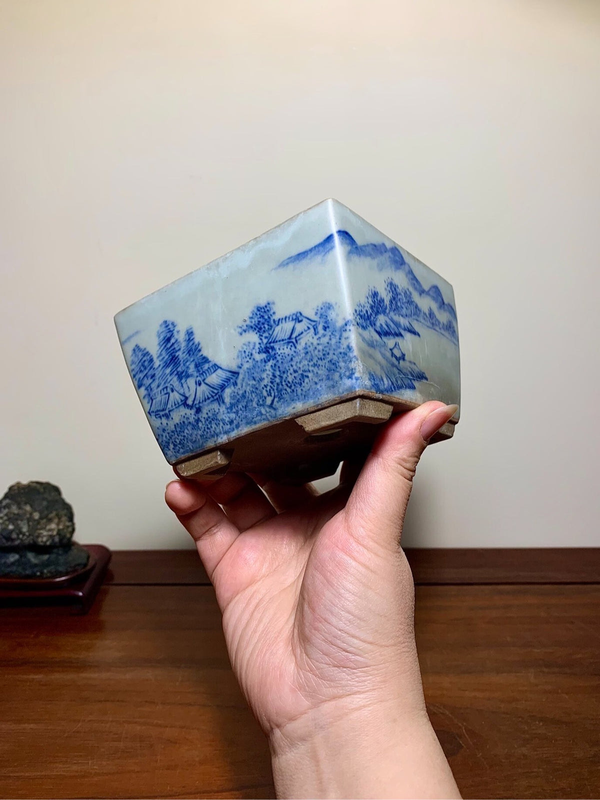 Blue-And-White Painted Landscape, Square Japanese Pot by Marutou