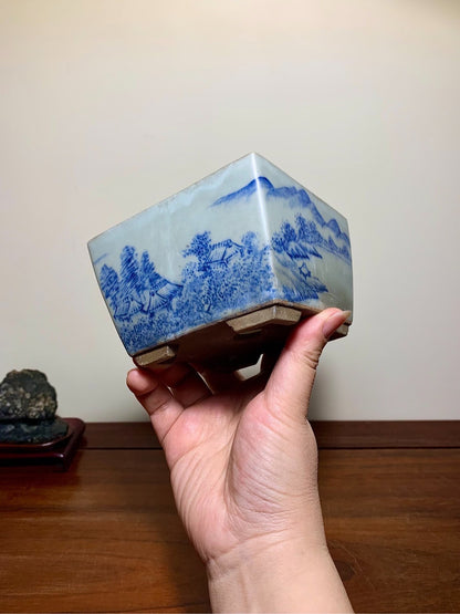 Blue-And-White Painted Landscape, Square Japanese Pot by Marutou