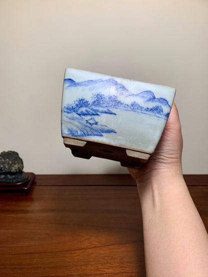 Blue-And-White Painted Landscape, Square Japanese Pot by Marutou
