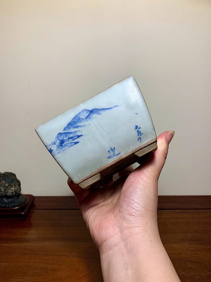 Blue-And-White Painted Landscape, Square Japanese Pot by Marutou