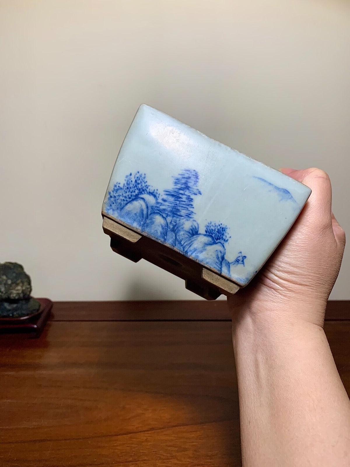 Blue-And-White Painted Landscape, Square Japanese Pot by Marutou