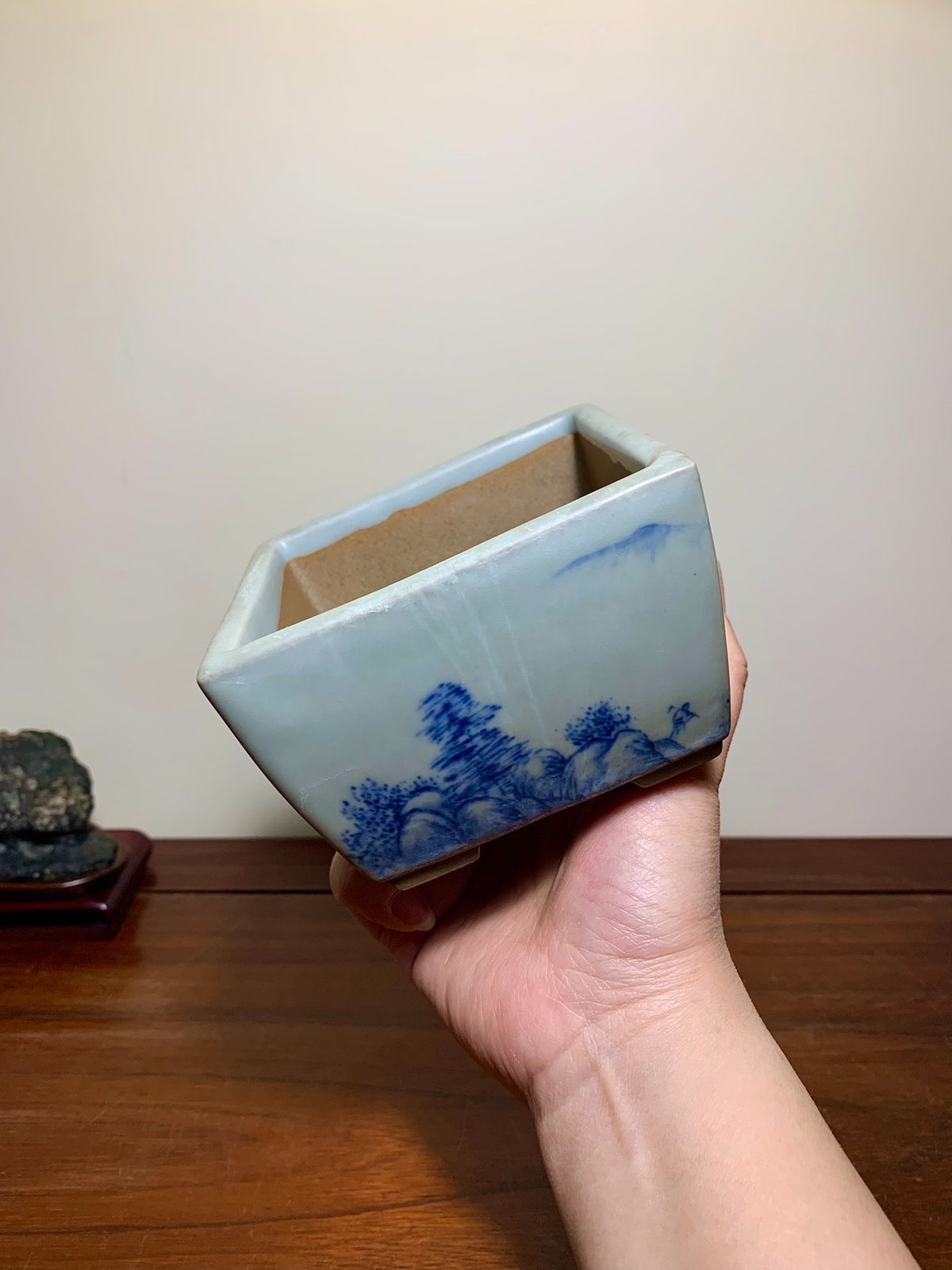Blue-And-White Painted Landscape, Square Japanese Pot by Marutou