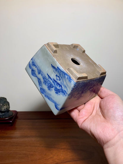 Blue-And-White Painted Landscape, Square Japanese Pot by Marutou