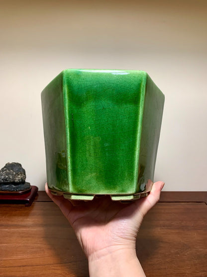 Shido Rimi Green-Glazed Hexagonal Relief-Carved Crane Pattern Cylindrical Pot Japanese Bonsai Pot