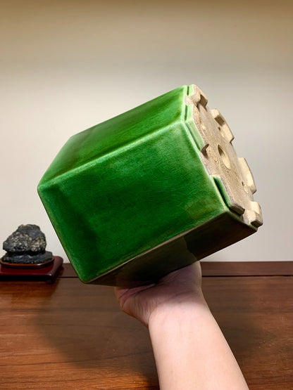 Shido Rimi Green-Glazed Hexagonal Relief-Carved Crane Pattern Cylindrical Pot Japanese Bonsai Pot