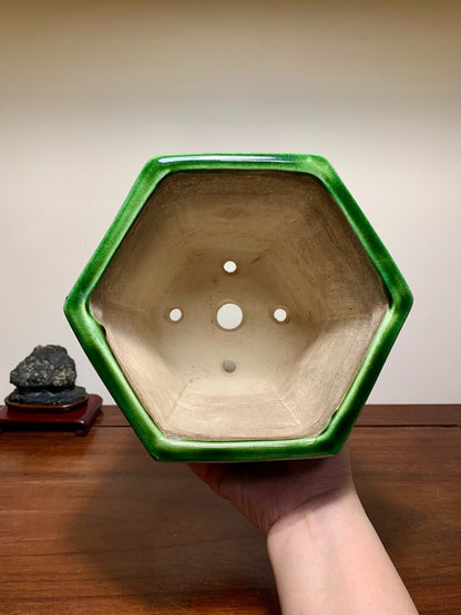 Shido Rimi Green-Glazed Hexagonal Relief-Carved Crane Pattern Cylindrical Pot Japanese Bonsai Pot