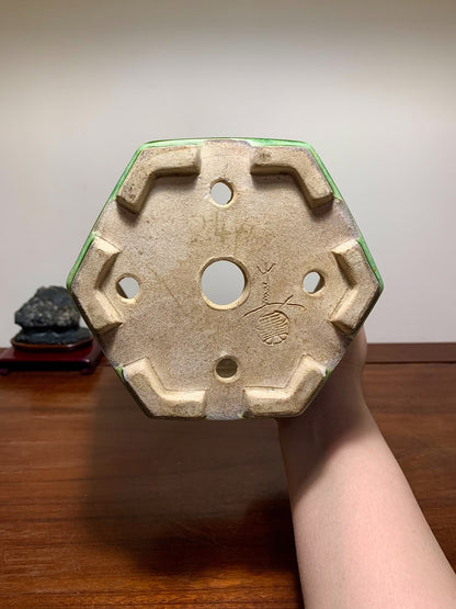 Shido Rimi Green-Glazed Hexagonal Relief-Carved Crane Pattern Cylindrical Pot Japanese Bonsai Pot