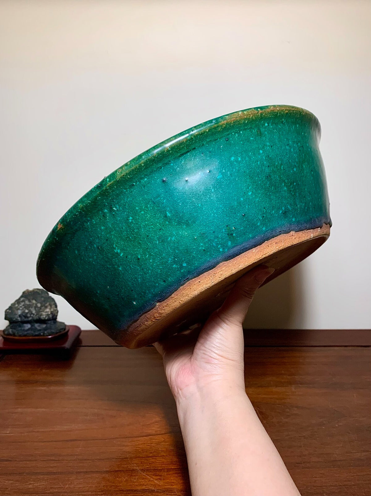 Sen Dai Kōyō Green Glaze Kiln-Transmuted Round Pot