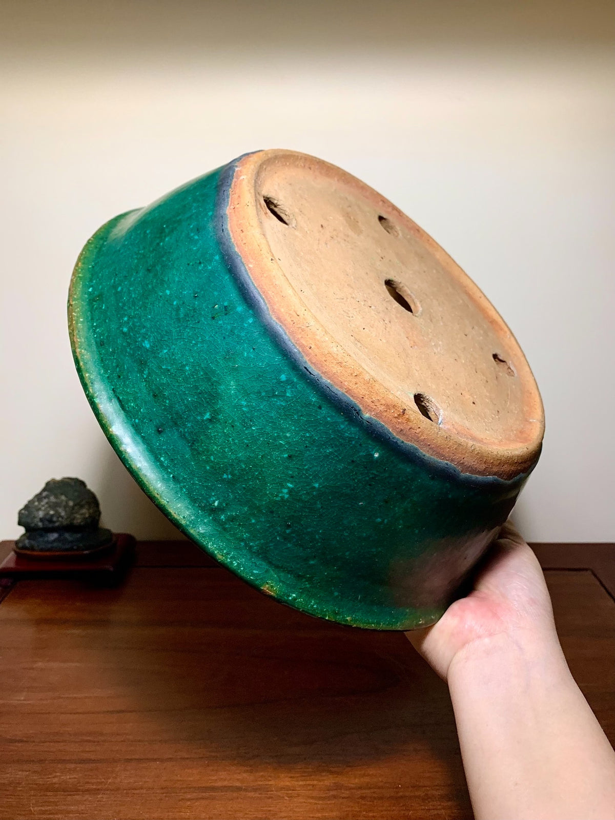 Sen Dai Kōyō Green Glaze Kiln-Transmuted Round Pot