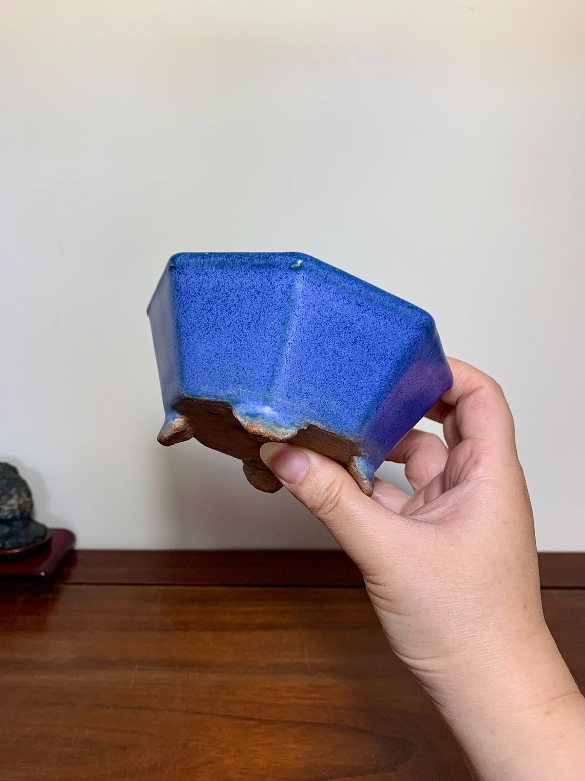 Blue Kinyo Glaze Octagonal Japanese Pot by Hattori