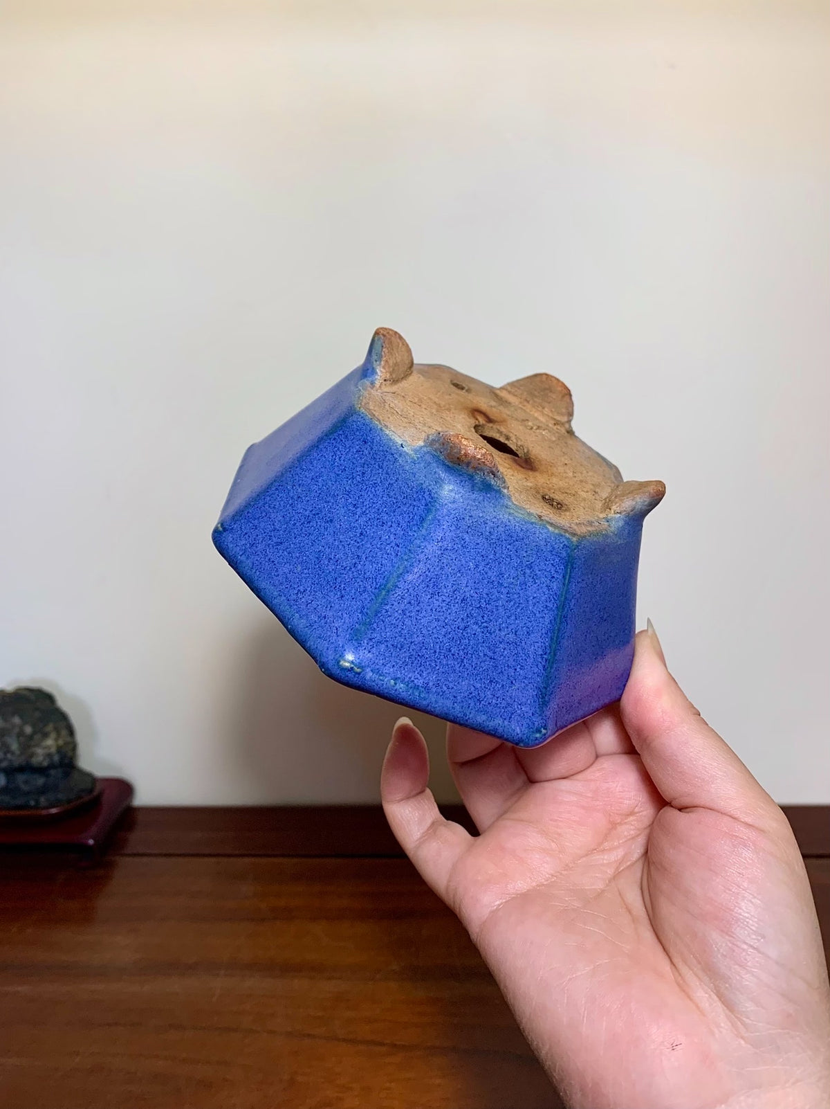 Blue Kinyo Glaze Octagonal Japanese Pot by Hattori