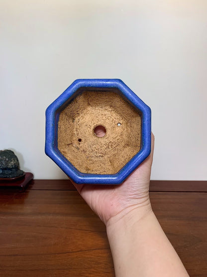 Blue Kinyo Glaze Octagonal Japanese Pot by Hattori