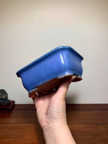 Blue Kinyo Glaze Rectangular Pot with Rope Rim and Corner Inset, Japan by Hattori