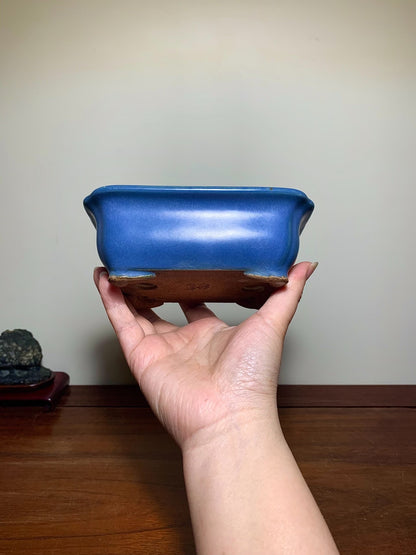 Blue Kinyo Glaze Rectangular Pot with Rope Rim and Corner Inset, Japan by Hattori