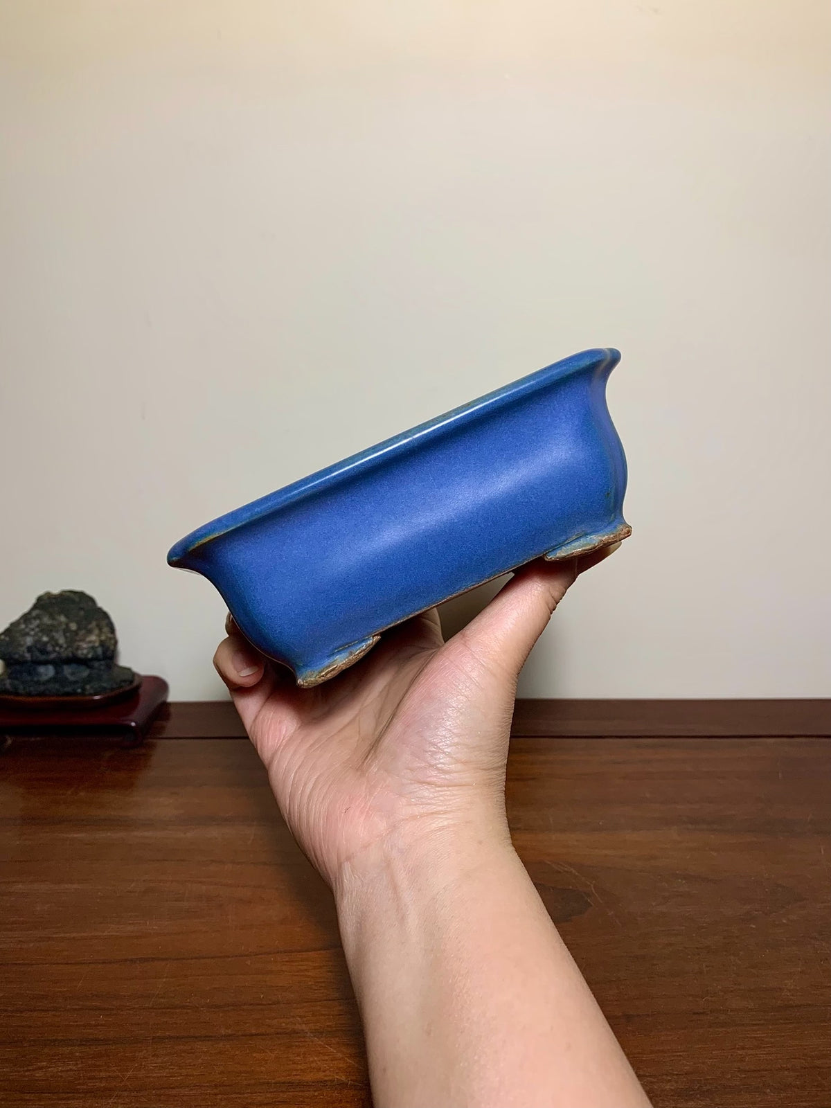 Blue Kinyo Glaze Rectangular Pot with Rope Rim and Corner Inset, Japan by Hattori