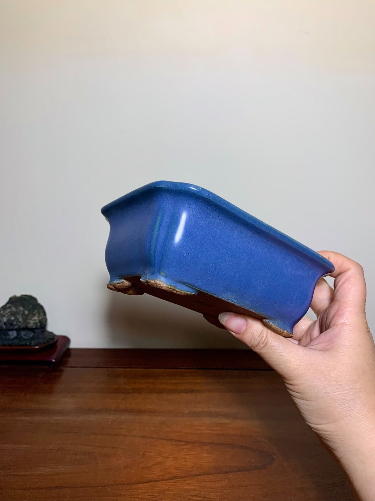 Blue Kinyo Glaze Rectangular Pot with Rope Rim and Corner Inset, Japan by Hattori