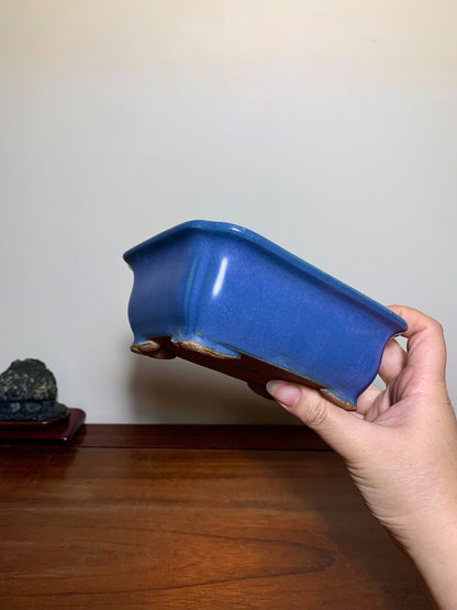Blue Kinyo Glaze Rectangular Pot with Rope Rim and Corner Inset, Japan by Hattori