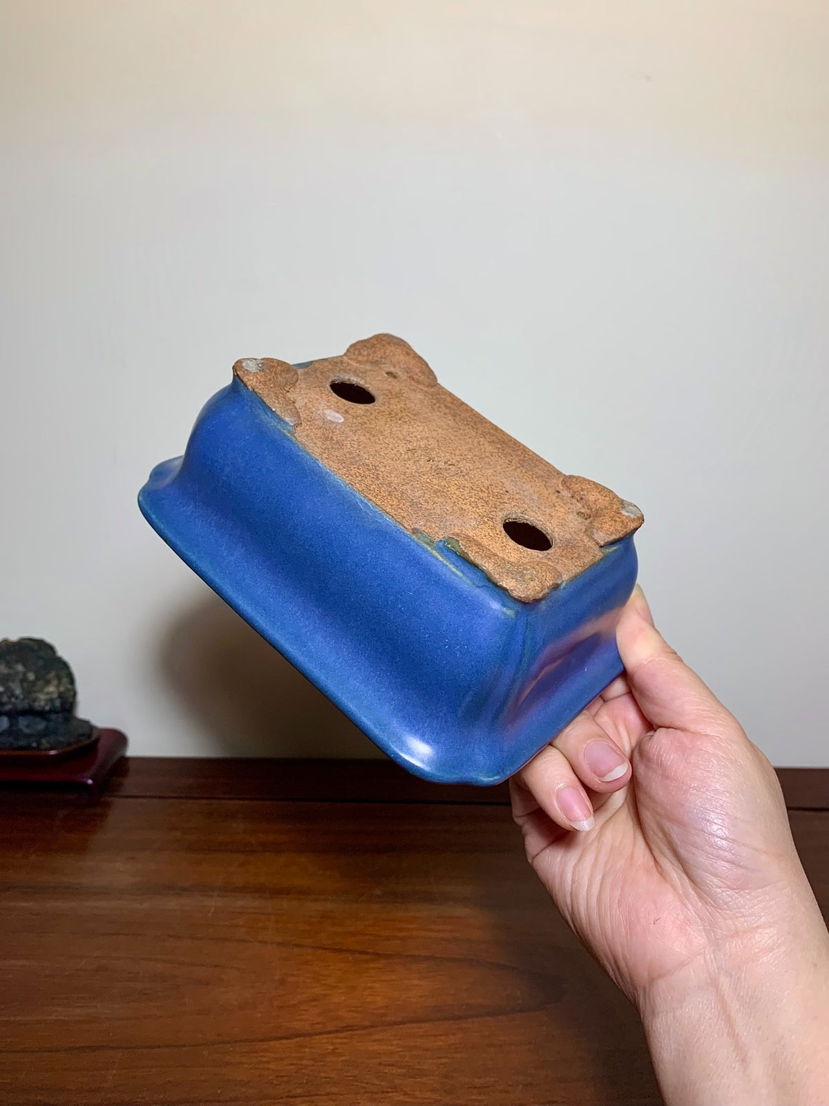 Blue Kinyo Glaze Rectangular Pot with Rope Rim and Corner Inset, Japan by Hattori