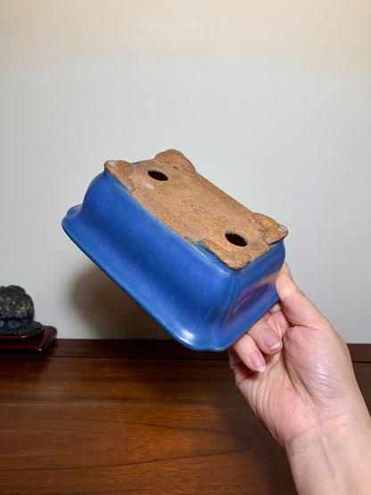 Blue Kinyo Glaze Rectangular Pot with Rope Rim and Corner Inset, Japan by Hattori