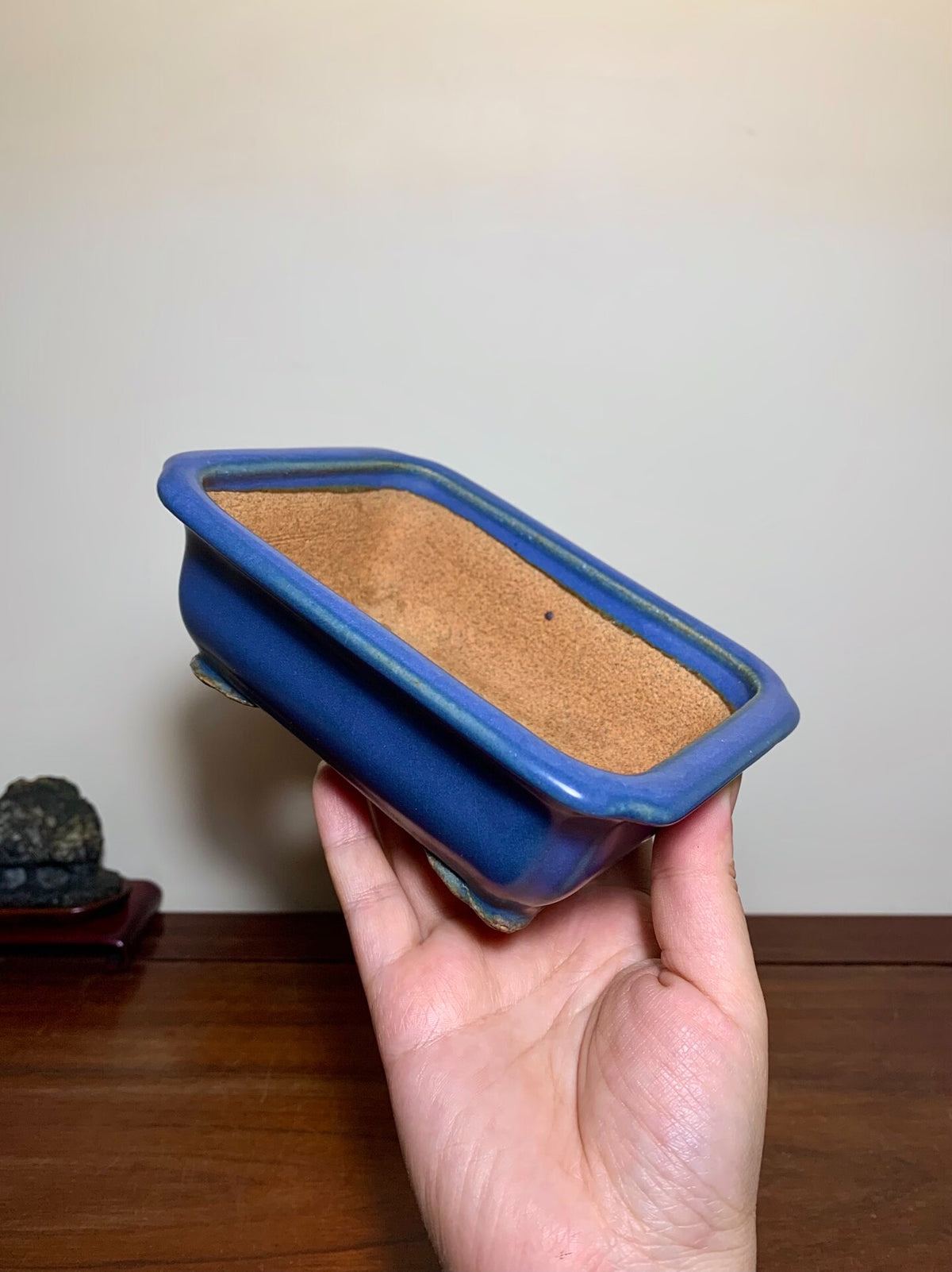 Blue Kinyo Glaze Rectangular Pot with Rope Rim and Corner Inset, Japan by Hattori