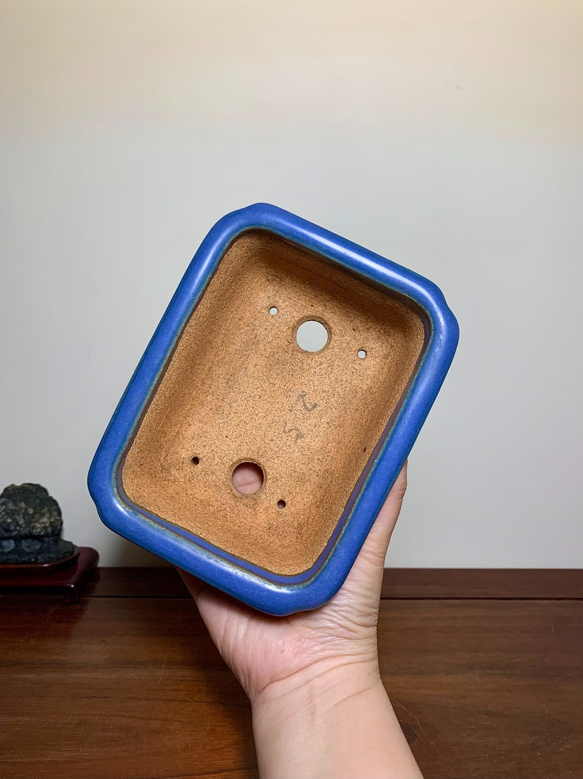 Blue Kinyo Glaze Rectangular Pot with Rope Rim and Corner Inset, Japan by Hattori