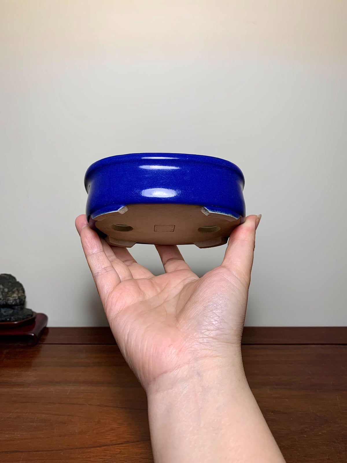 Owase Yufu Blue Glaze Outer Rim, Gently Beveled Rectangular Japanese Flower Pot