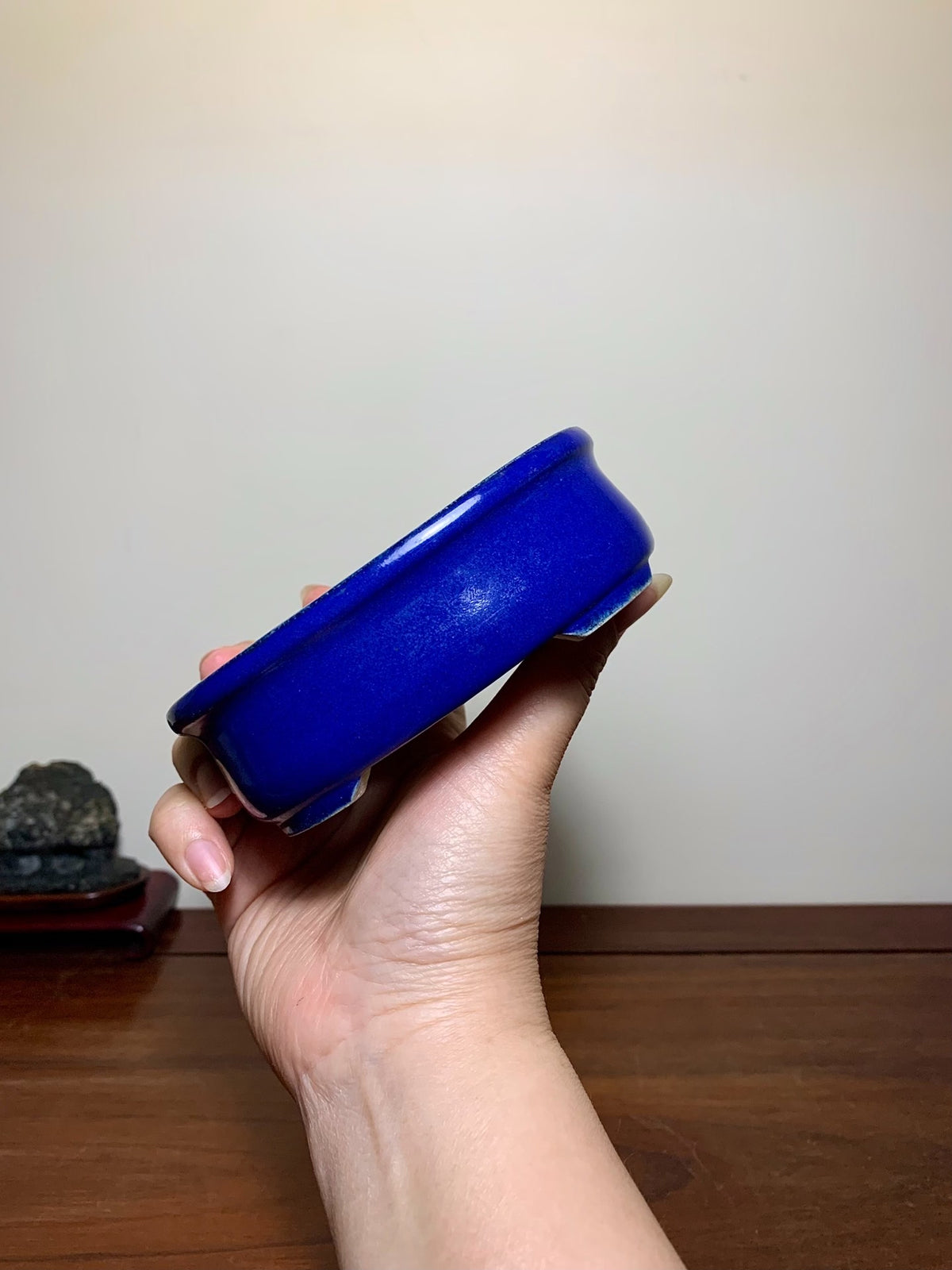 Owase Yufu Blue Glaze Outer Rim, Gently Beveled Rectangular Japanese Flower Pot