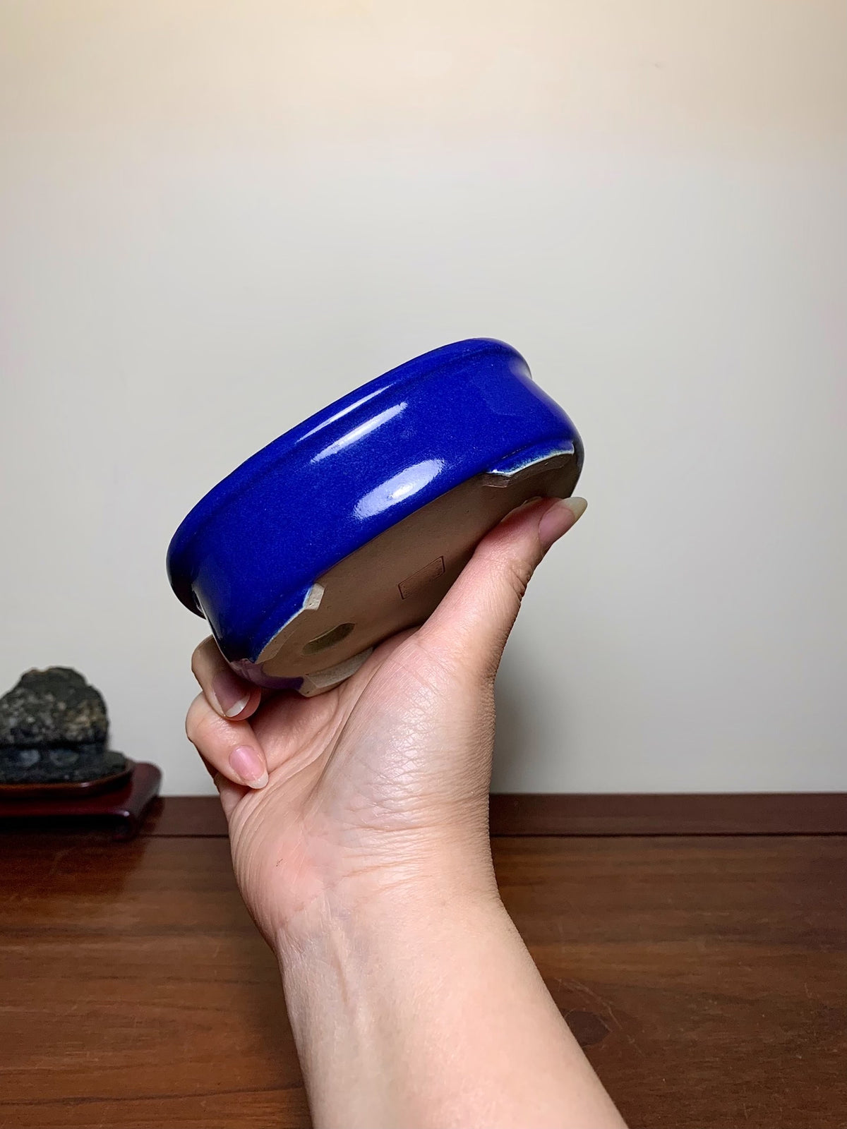 Owase Yufu Blue Glaze Outer Rim, Gently Beveled Rectangular Japanese Flower Pot