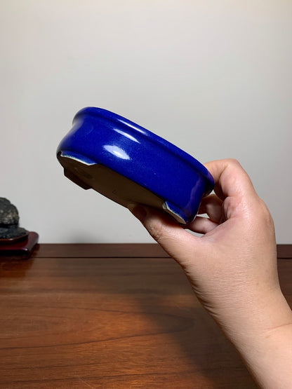 Owase Yufu Blue Glaze Outer Rim, Gently Beveled Rectangular Japanese Flower Pot