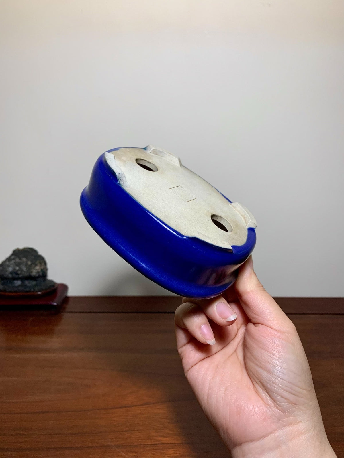 Owase Yufu Blue Glaze Outer Rim, Gently Beveled Rectangular Japanese Flower Pot
