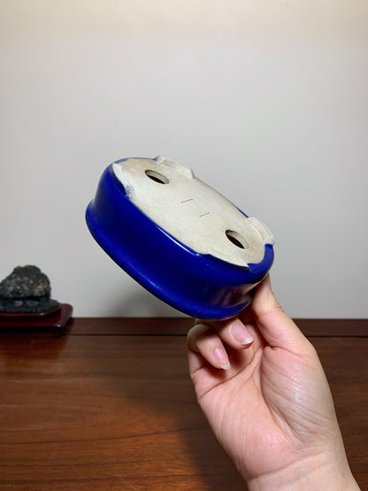Owase Yufu Blue Glaze Outer Rim, Gently Beveled Rectangular Japanese Flower Pot