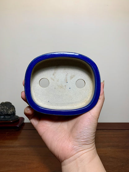Owase Yufu Blue Glaze Outer Rim, Gently Beveled Rectangular Japanese Flower Pot