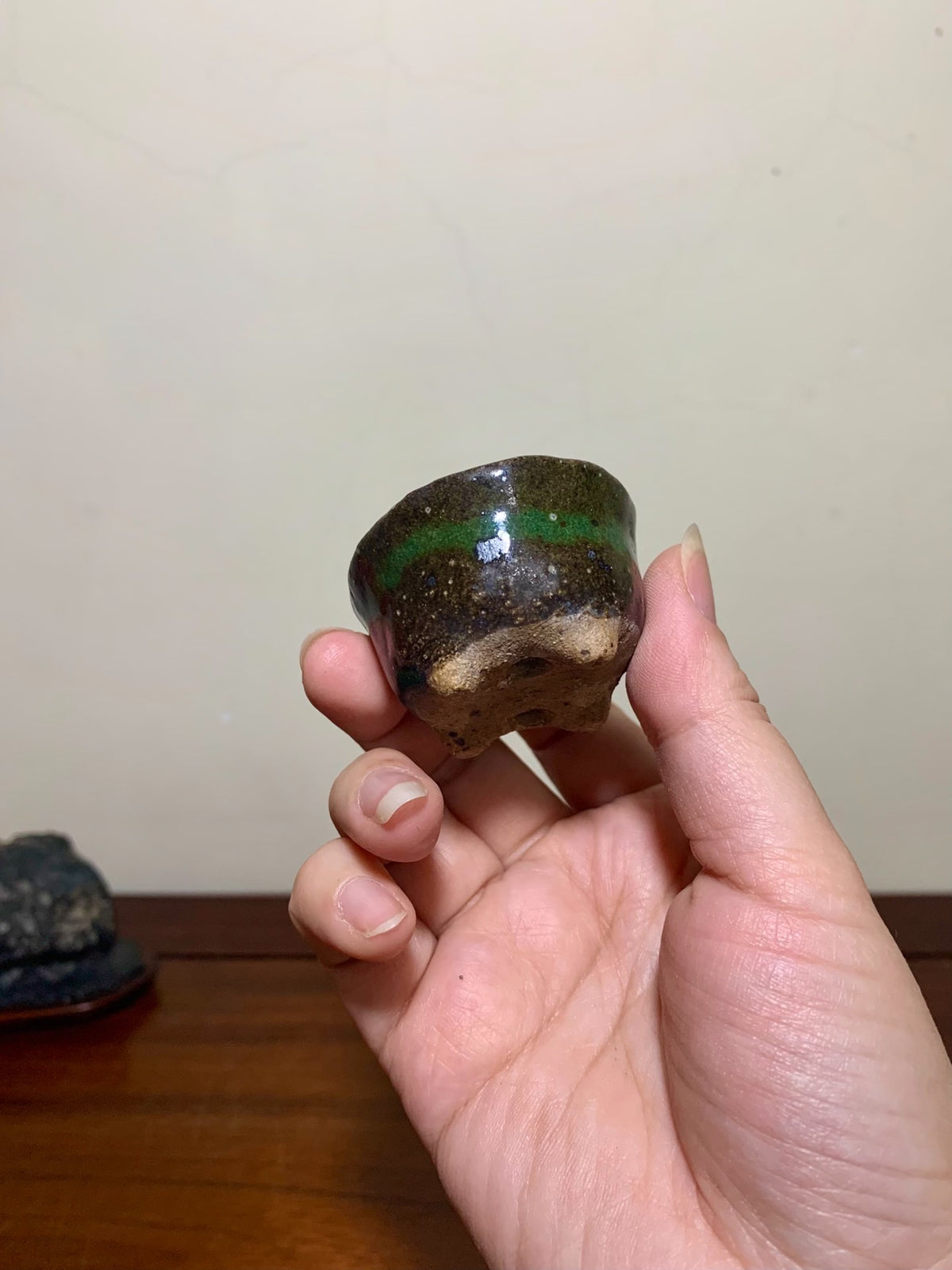 Imaoka Chōsō Green Glaze Kiln-Transmuted Oval Japanese Flower Pot