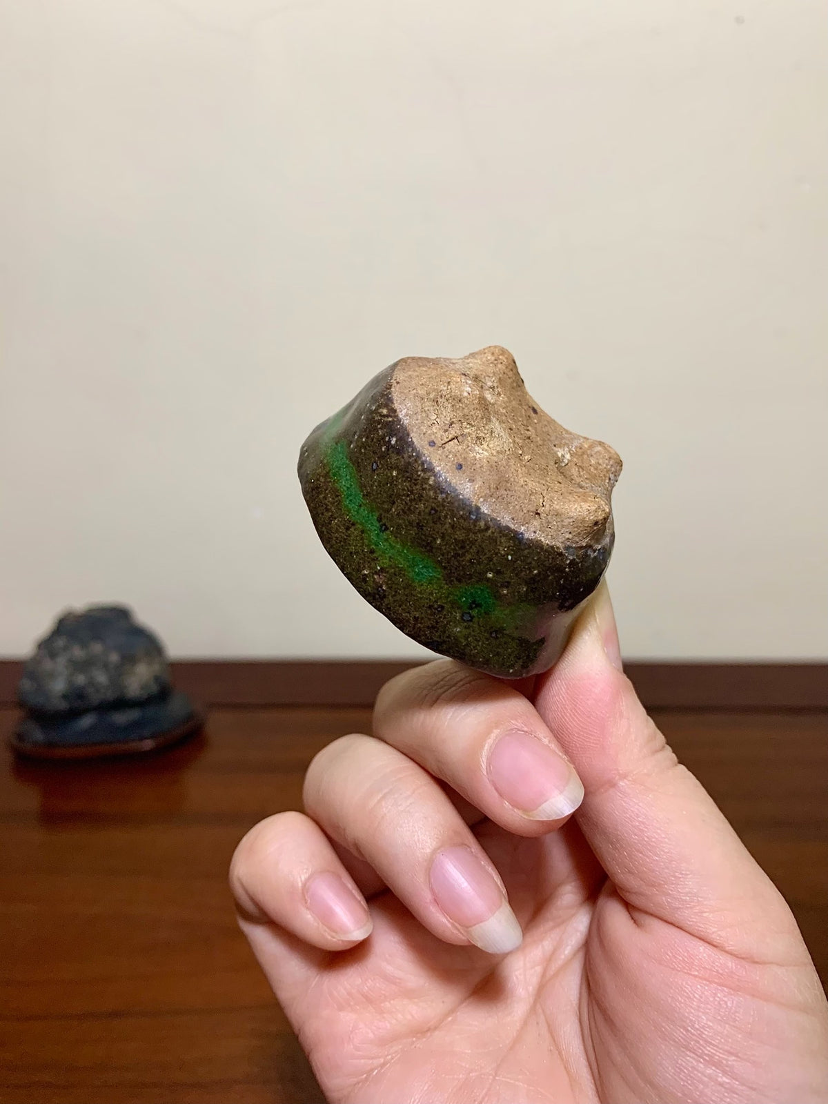 Imaoka Chōsō Green Glaze Kiln-Transmuted Oval Japanese Flower Pot