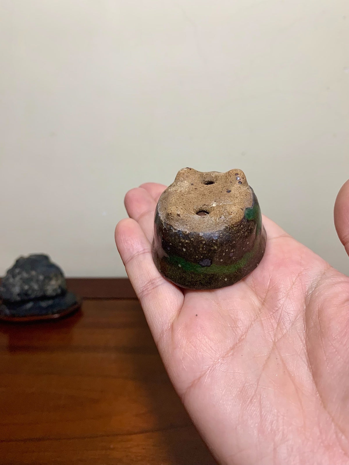 Imaoka Chōsō Green Glaze Kiln-Transmuted Oval Japanese Flower Pot