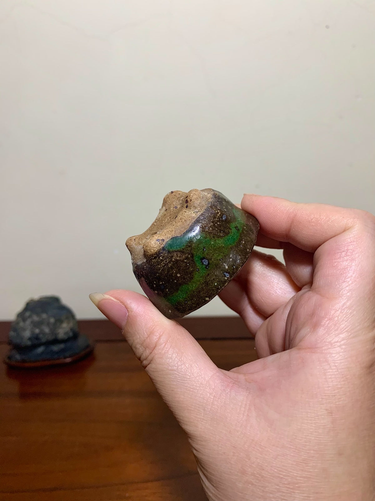 Imaoka Chōsō Green Glaze Kiln-Transmuted Oval Japanese Flower Pot