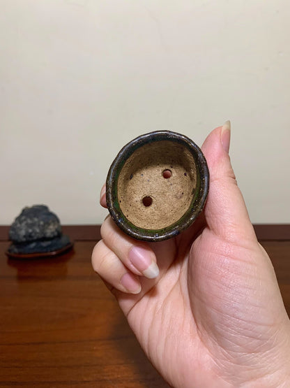 Imaoka Chōsō Green Glaze Kiln-Transmuted Oval Japanese Flower Pot
