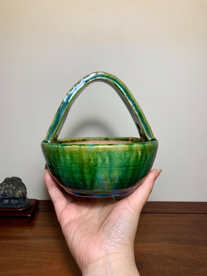 Fukuda Shigeru Super-Rare Green Glaze Kiln-Transmuted Basket-Style Japanese Pot