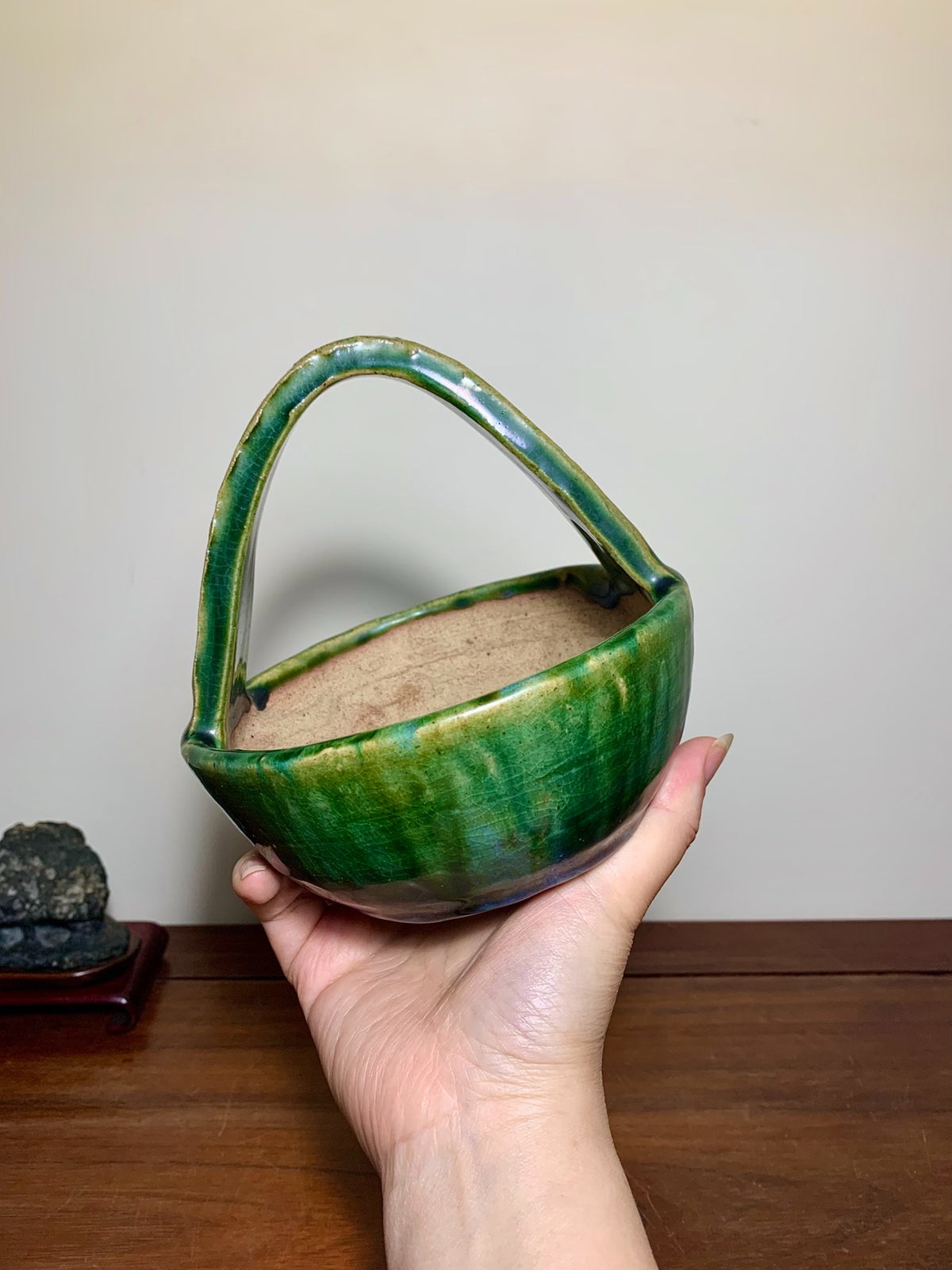 Fukuda Shigeru Super-Rare Green Glaze Kiln-Transmuted Basket-Style Japanese Pot