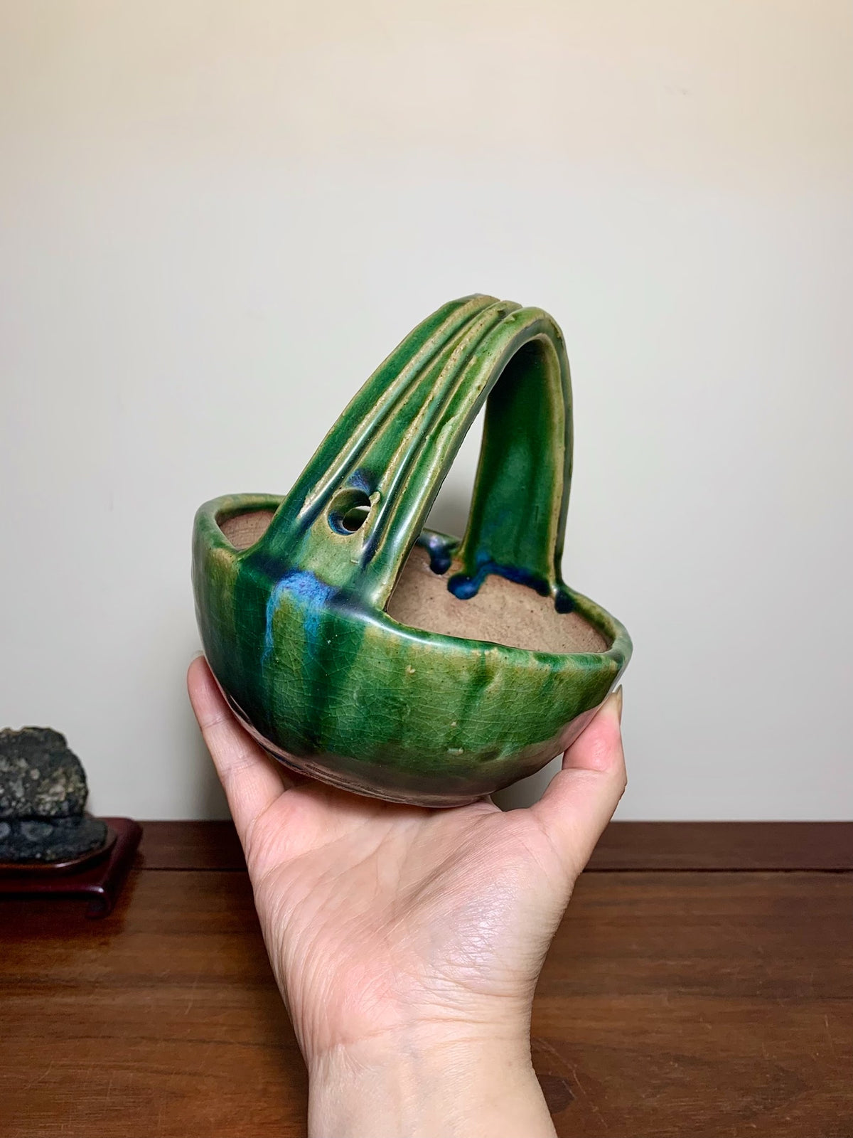 Fukuda Shigeru Super-Rare Green Glaze Kiln-Transmuted Basket-Style Japanese Pot