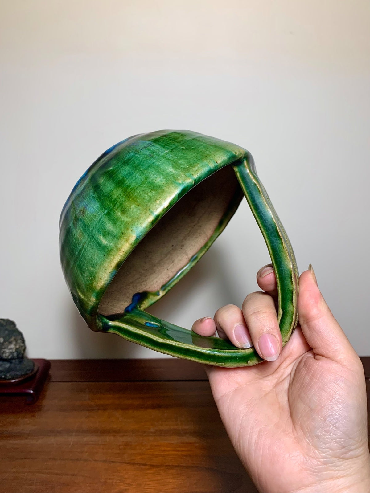 Fukuda Shigeru Super-Rare Green Glaze Kiln-Transmuted Basket-Style Japanese Pot