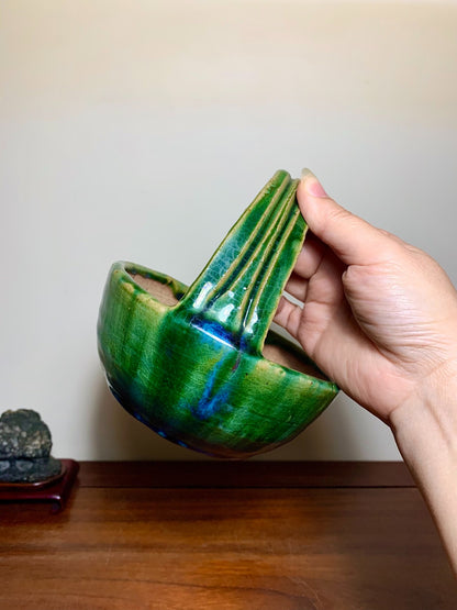 Fukuda Shigeru Super-Rare Green Glaze Kiln-Transmuted Basket-Style Japanese Pot