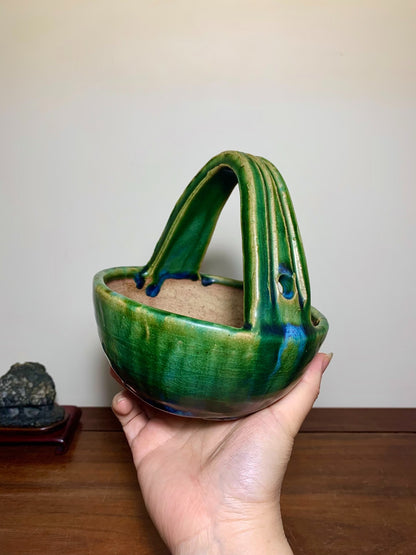 Fukuda Shigeru Super-Rare Green Glaze Kiln-Transmuted Basket-Style Japanese Pot