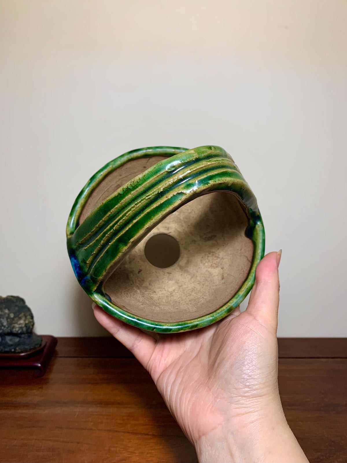 Fukuda Shigeru Super-Rare Green Glaze Kiln-Transmuted Basket-Style Japanese Pot