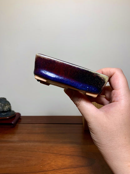 Man'kō Shūzan Shinsha Copper-Red Glaze Kiln-Transmuted Rectangular Japanese Bonsai Pot