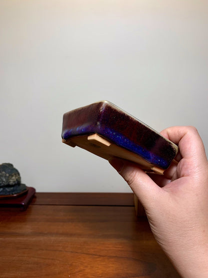 Man'kō Shūzan Shinsha Copper-Red Glaze Kiln-Transmuted Rectangular Japanese Bonsai Pot