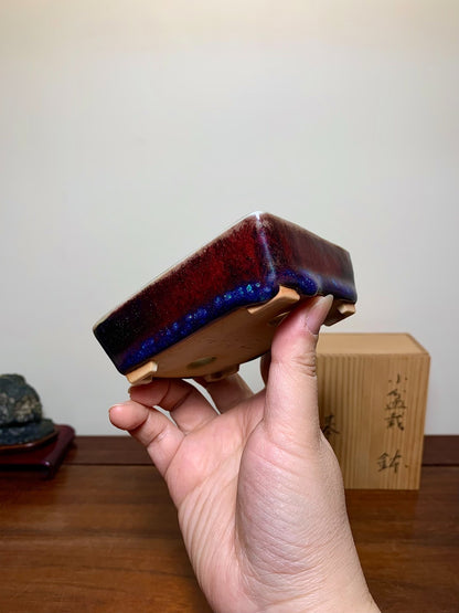 Man'kō Shūzan Shinsha Copper-Red Glaze Kiln-Transmuted Rectangular Japanese Bonsai Pot