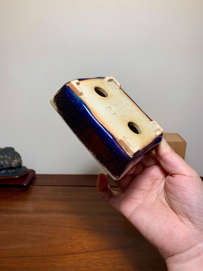 Man'kō Shūzan Shinsha Copper-Red Glaze Kiln-Transmuted Rectangular Japanese Bonsai Pot