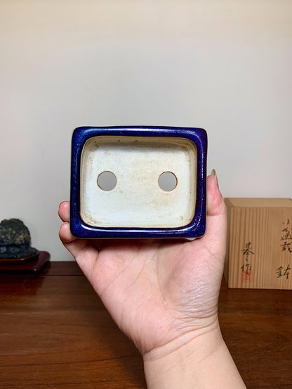 Man'kō Shūzan Shinsha Copper-Red Glaze Kiln-Transmuted Rectangular Japanese Bonsai Pot